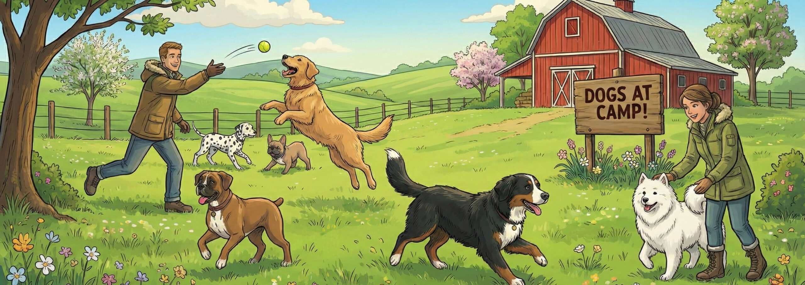 Dogs at Camp Summer Illustration