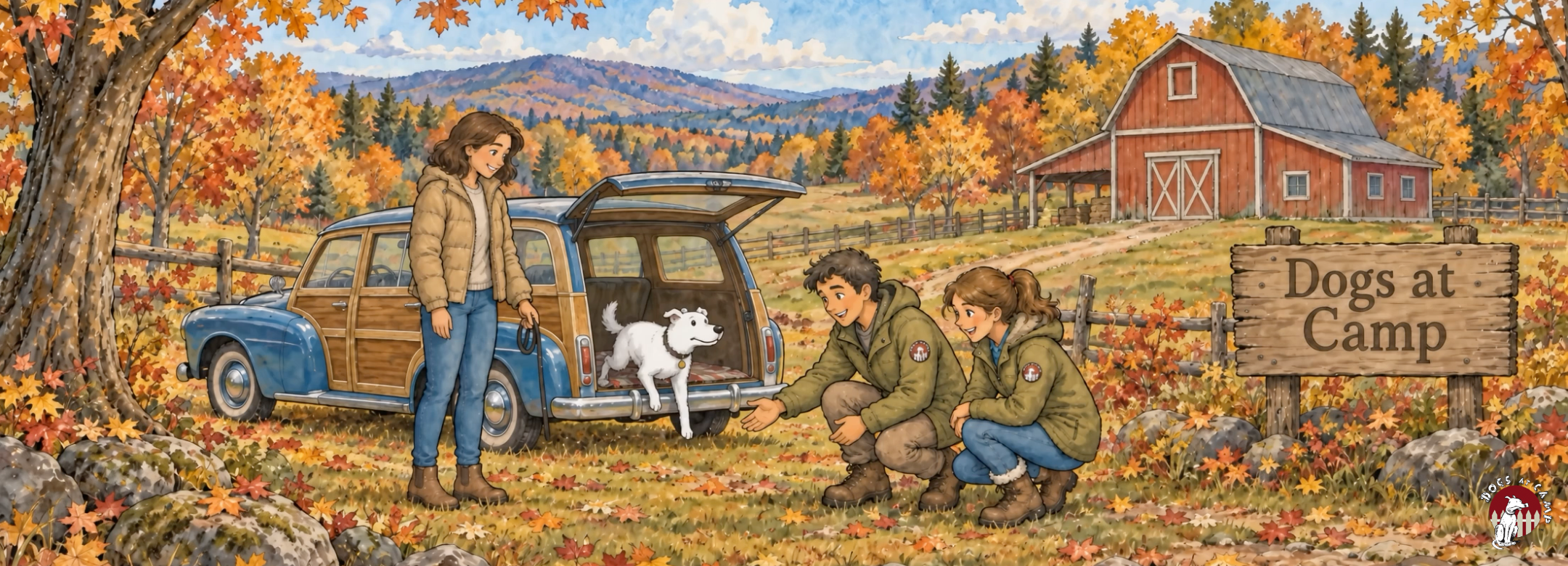 First frame of the Dogs at Camp cartoon: a dog arriving at camp in autumn