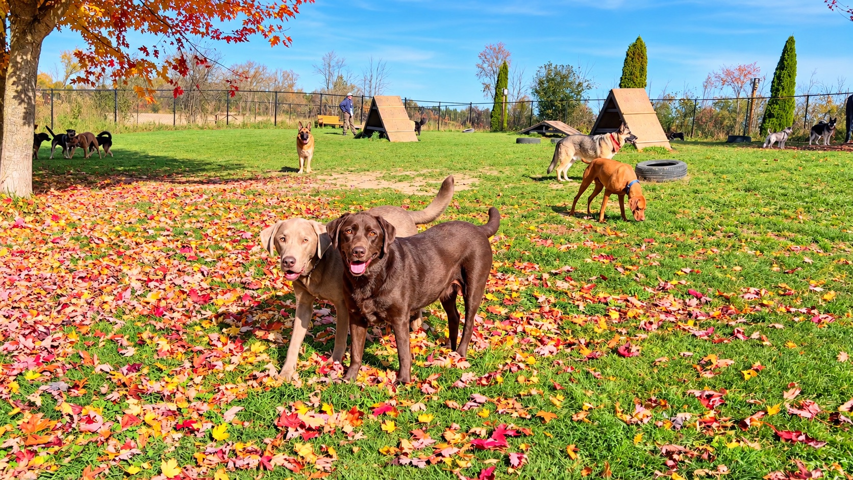 Dogs enjoying outdoor play at camp in autumn